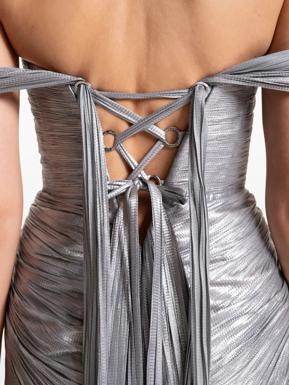 Silver pleated off-shoulder gown with high slit — Maria Lucia Hohan | Endless UAE