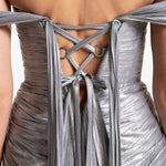 Silver pleated off-shoulder gown with high slit — Maria Lucia Hohan | Endless UAE