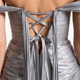 Silver pleated off-shoulder gown with high slit — Maria Lucia Hohan | Endless UAE