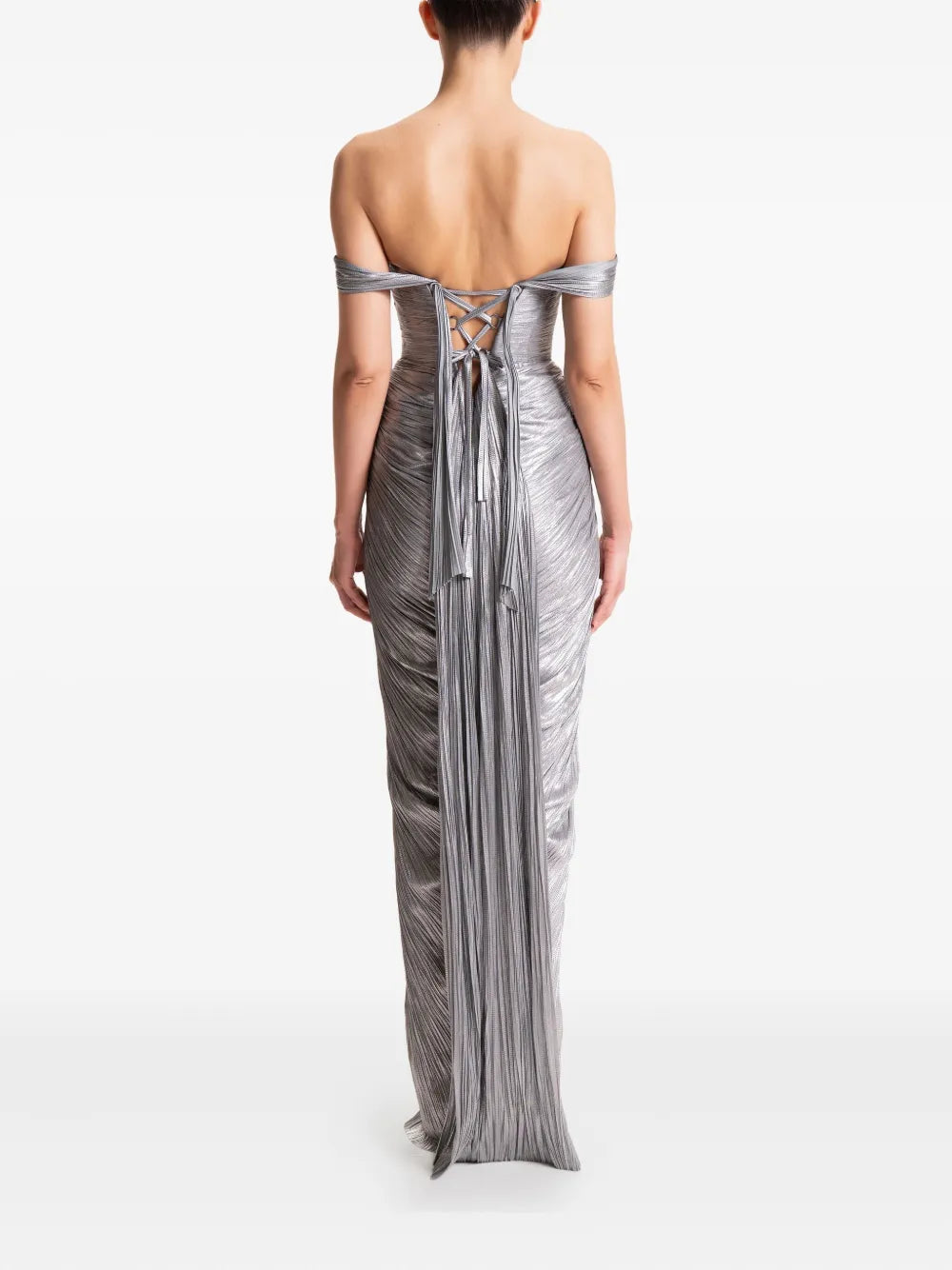 Silver pleated off-shoulder gown with high slit — Maria Lucia Hohan | Endless UAE