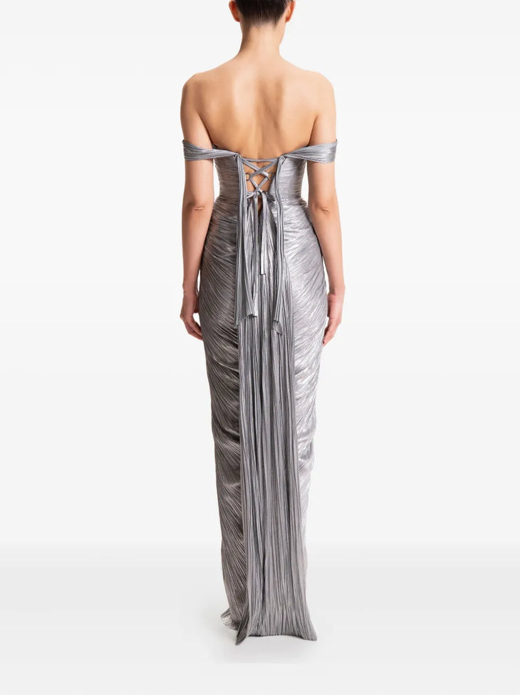 Silver pleated off-shoulder gown with high slit — Maria Lucia Hohan | Endless UAE