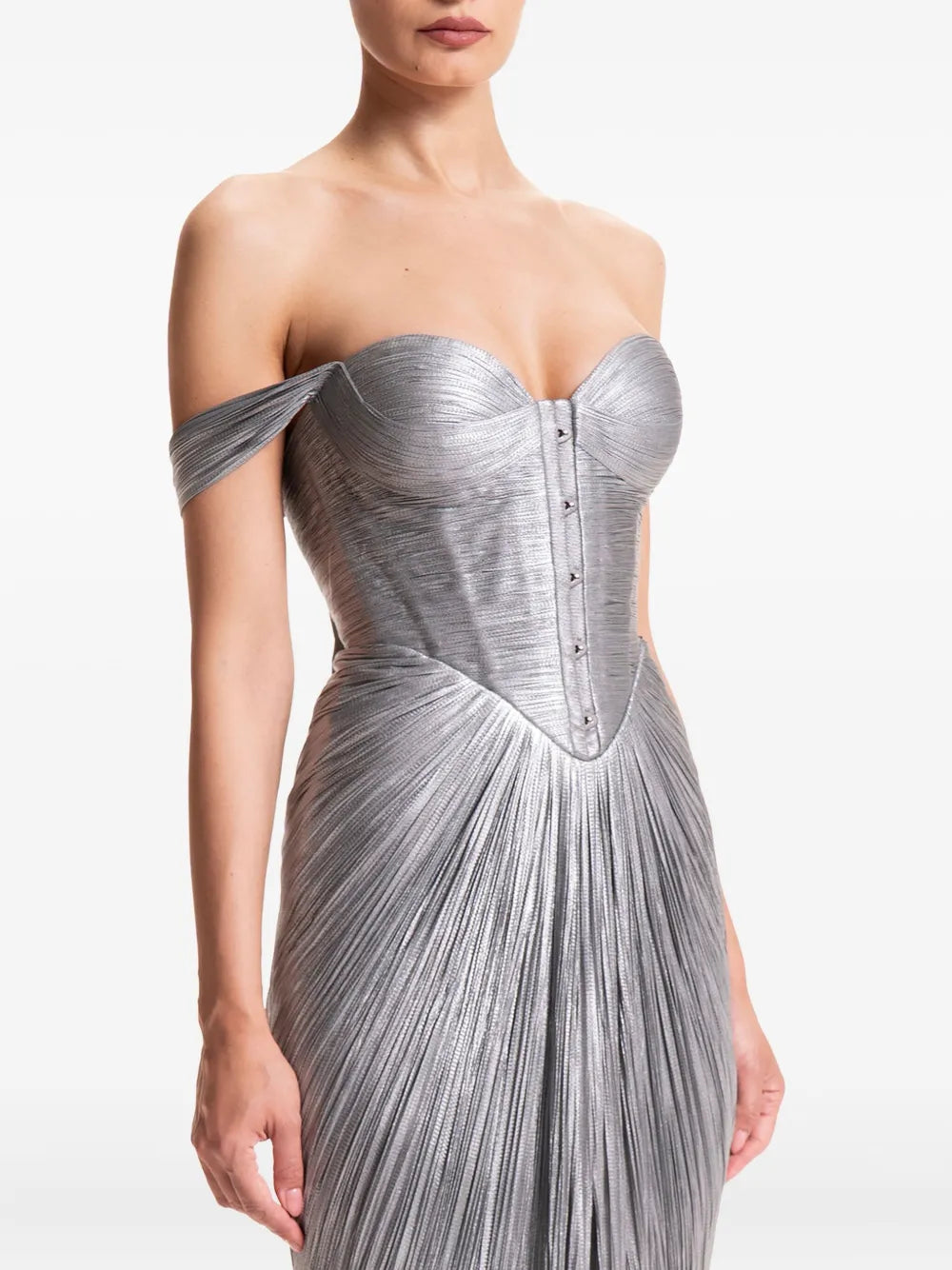 Silver pleated off-shoulder gown with high slit — Maria Lucia Hohan | Endless UAE