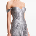 Silver pleated off-shoulder gown with high slit — Maria Lucia Hohan | Endless UAE