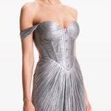 Silver pleated off-shoulder gown with high slit — Maria Lucia Hohan | Endless UAE