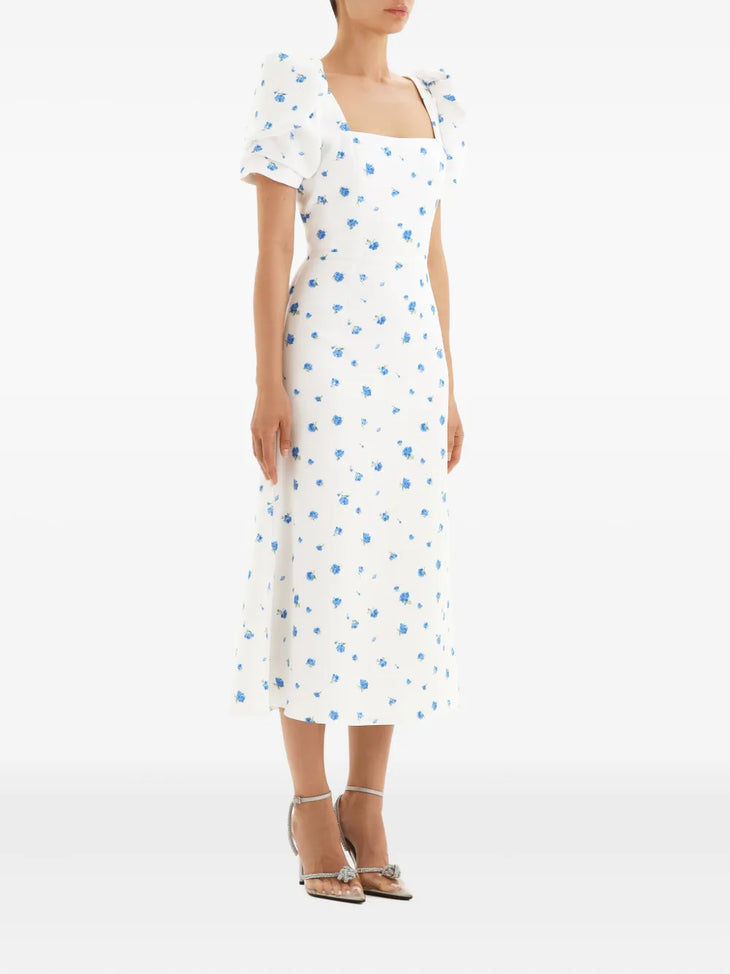 White midi dress with blue floral print, square neckline and puff sleeves — Post Meridiem | Endless UAE