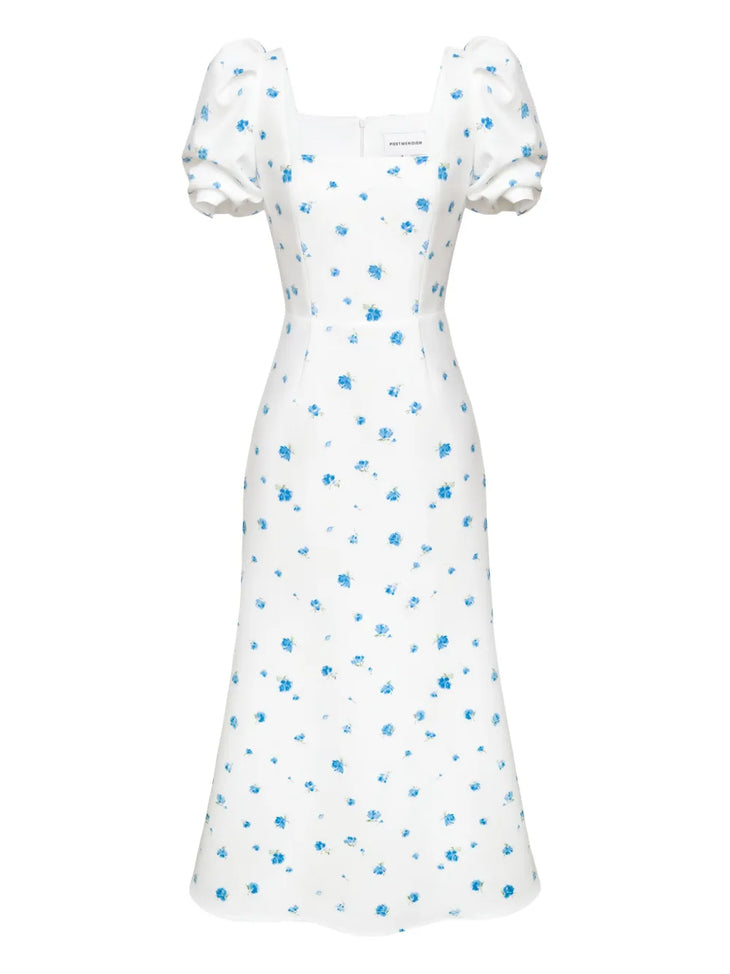 White midi dress with blue floral print and puff sleeves square neckline — Post Meridiem | Endless UAE