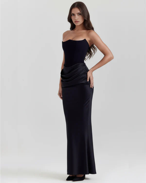 Elegant black strapless velvet maxi dress with draped satin waist detail and fitted silhouette — Almond Muse | Endless UAE