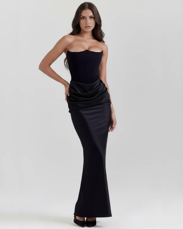 Black strapless maxi dress with ruched waist detail and form-fitting silhouette — Almond Muse | Endless UAE