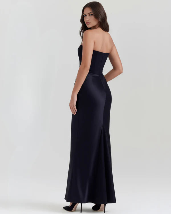 Navy blue strapless maxi dress with fitted silhouette, back view — Almond Muse | Endless UAE