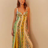 Vibrant maxi dress with vertical floral stripes in yellow, green and peach tones featuring a sweetheart neckline — Farm Rio | Endless UAE