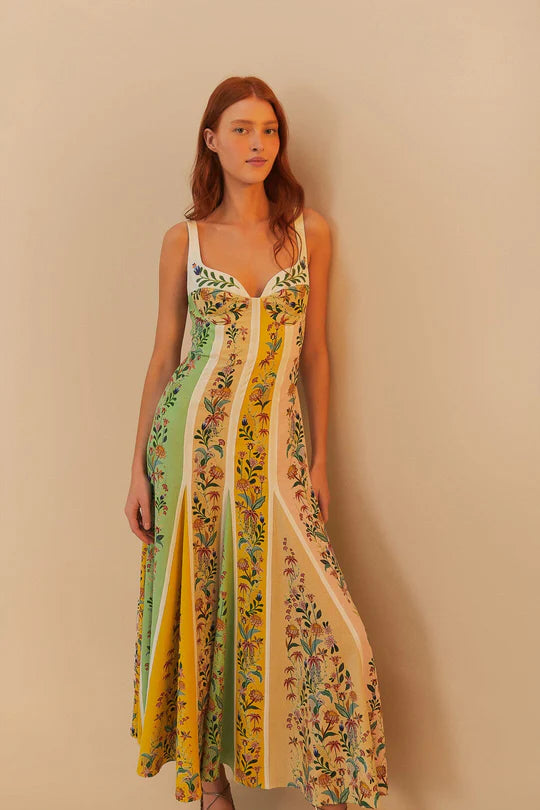 Vibrant maxi dress with vertical floral stripes in yellow, green and peach tones featuring a sweetheart neckline — Farm Rio | Endless UAE