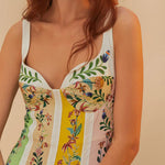 Woman wearing white maxi dress with colorful vertical floral stripes and sweetheart neckline — Farm Rio | Endless UAE
