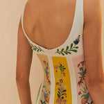 Rear view of woman wearing sleeveless maxi dress with botanical floral stripes in yellow, white and pink — Farm Rio | Endless UAE