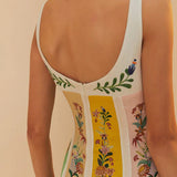 Rear view of woman wearing sleeveless maxi dress with botanical floral stripes in yellow, white and pink — Farm Rio | Endless UAE