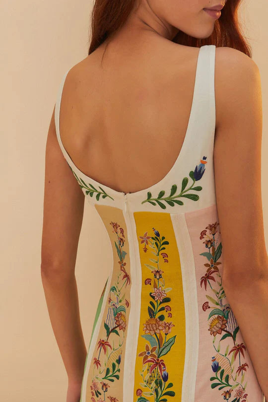 Rear view of woman wearing sleeveless maxi dress with botanical floral stripes in yellow, white and pink — Farm Rio | Endless UAE