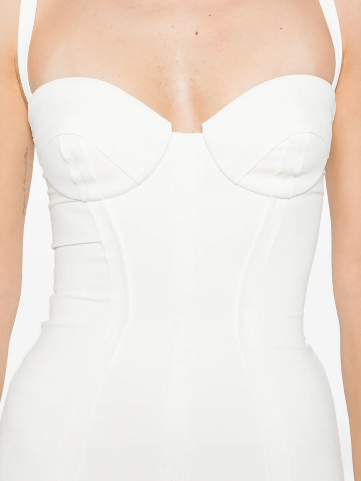 White structured bustier midi dress with thin straps and corset-style bodice detail — Elisabetta Franchi | Endless UAE
