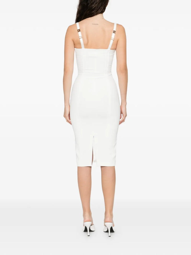 Rear view of white midi dress with adjustable straps, square neckline, fitted silhouette and back slit — Elisabetta Franchi | Endless UAE