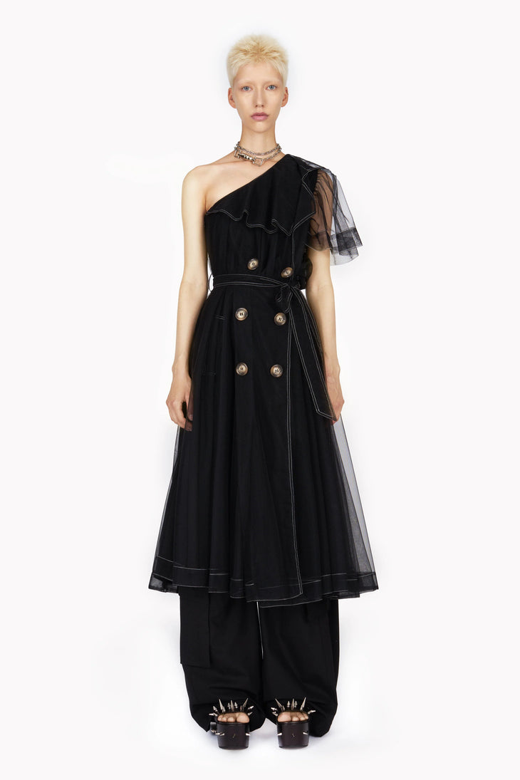 Black one shoulder tulle trench dress with ruffled overlay and button details — Act N1 | Endless UAE