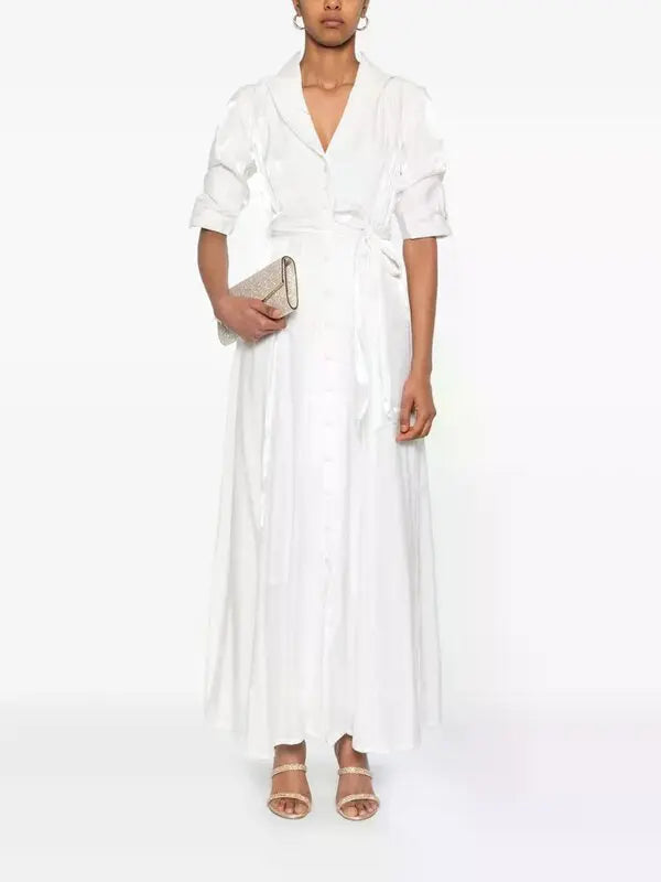 Elegant white wrap maxi dress with puff sleeves and tie waist detail — Baruni | Endless UAE
