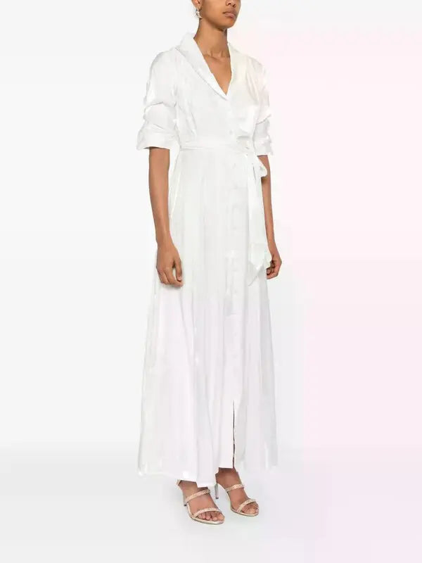 White wrap maxi dress with puff sleeves and tie waist detail — Baruni | Endless UAE
