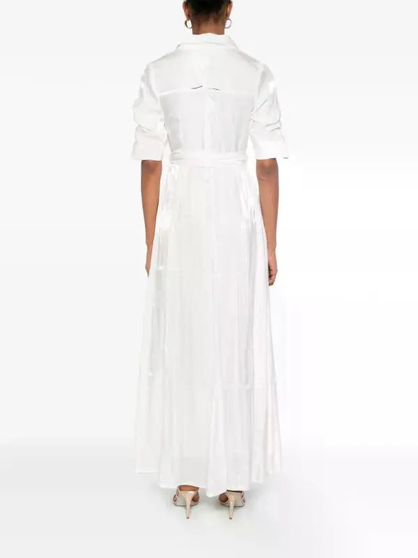 White belted maxi shirt dress with short sleeves and flowing silhouette, back view — Baruni | Endless UAE