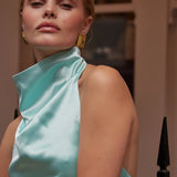 Turquoise halter neck sleeveless top with draped neckline — By Keara | Endless UAE