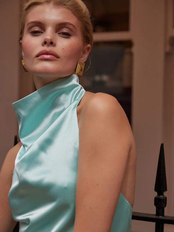 Turquoise halter neck sleeveless top with draped neckline — By Keara | Endless UAE