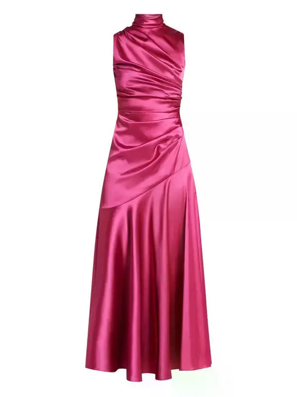 Woman wearing pink draped sleeveless maxi dress with high neckline and ruched detailing — Vasiliki | Endless UAE