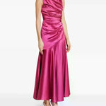 Woman wearing pink draped sleeveless maxi dress with high neckline and ruched detailing — Vasiliki | Endless UAE