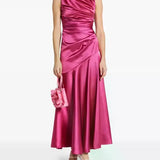 Woman wearing pink draped sleeveless maxi dress with high neckline and ruched detailing — Vasiliki | Endless UAE