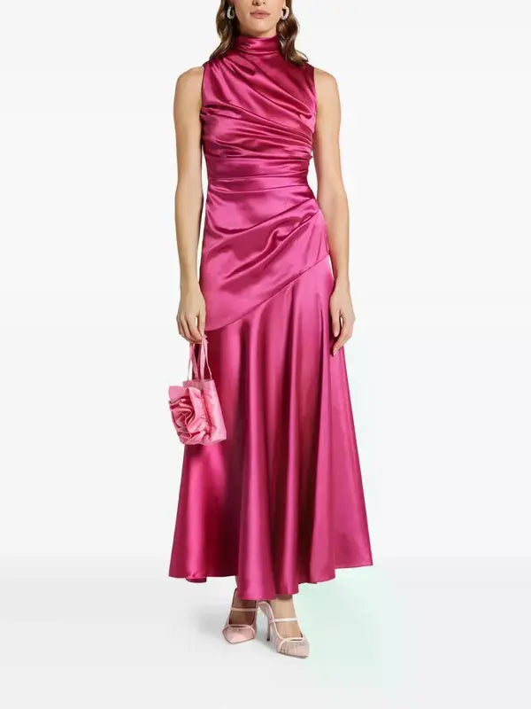 Woman wearing pink draped sleeveless maxi dress with high neckline and ruched detailing — Vasiliki | Endless UAE