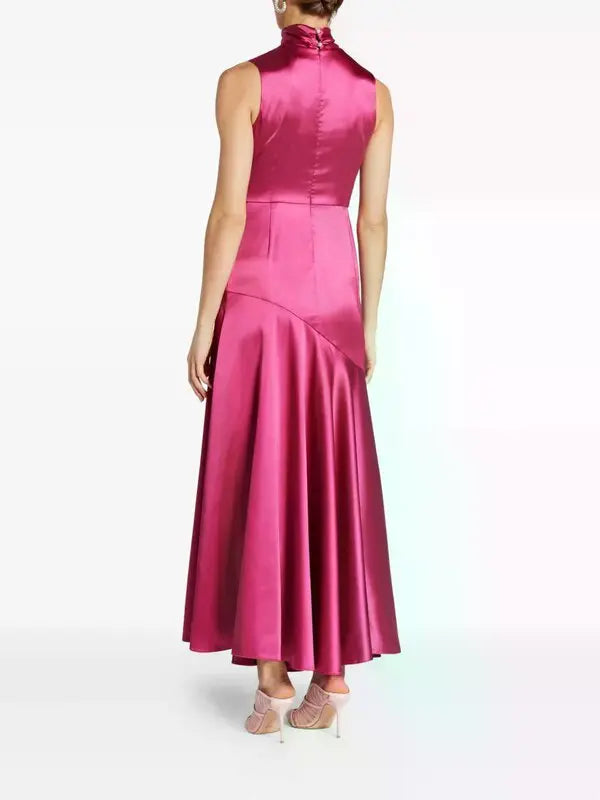 Woman wearing pink draped sleeveless maxi dress with high neckline and ruched detailing — Vasiliki | Endless UAE