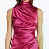 Woman wearing pink draped sleeveless maxi dress with high neckline and ruched detailing — Vasiliki | Endless UAE