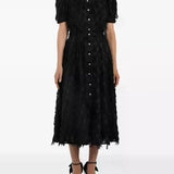 Fringe Puff-Sleeve Midi Dress