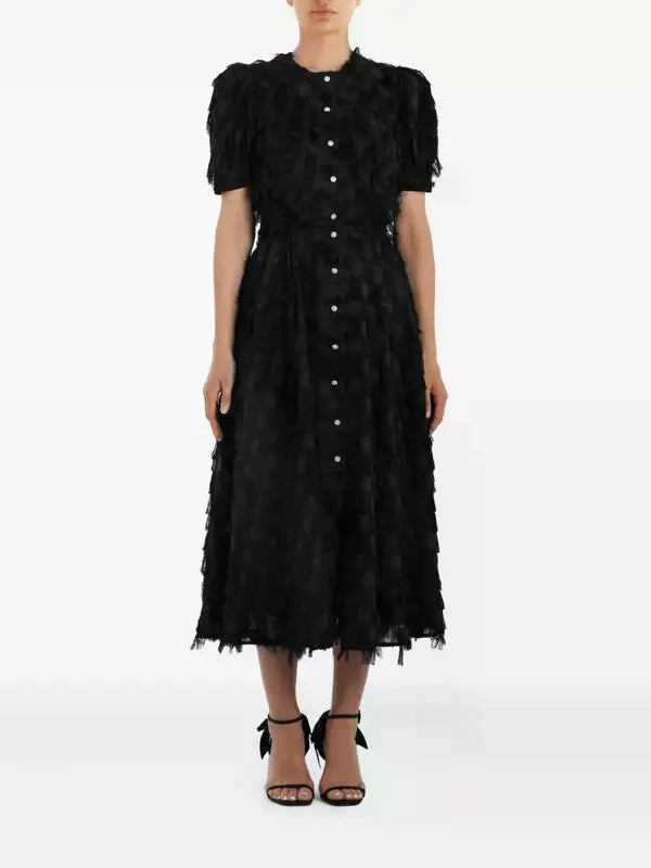 Black fringe-detailed midi dress with puff sleeves and button-front closure — Post Meridiem | Endless UAE