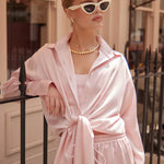 Pink tie-up shirt worn as a dress with white sunglasses — By Keara | Endless UAE