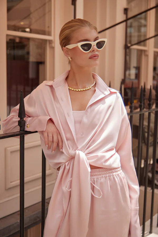 Pink tie-up shirt worn as a dress with white sunglasses — By Keara | Endless UAE
