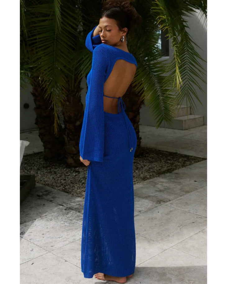 Rosalie Maxi Dress in bright blue knit fabric with long sleeves — Seven Wonders | Endless UAE