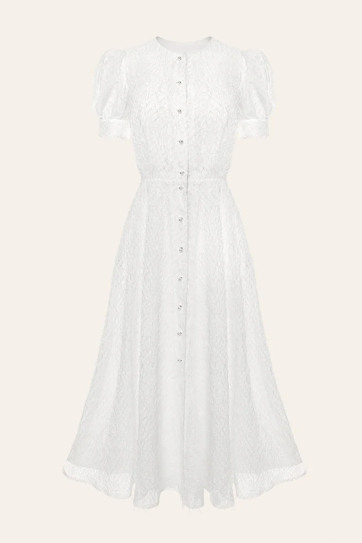 White sequin embellished midi dress with puff sleeves and button front closure on beige background — Post Meridiem | Endless UAE