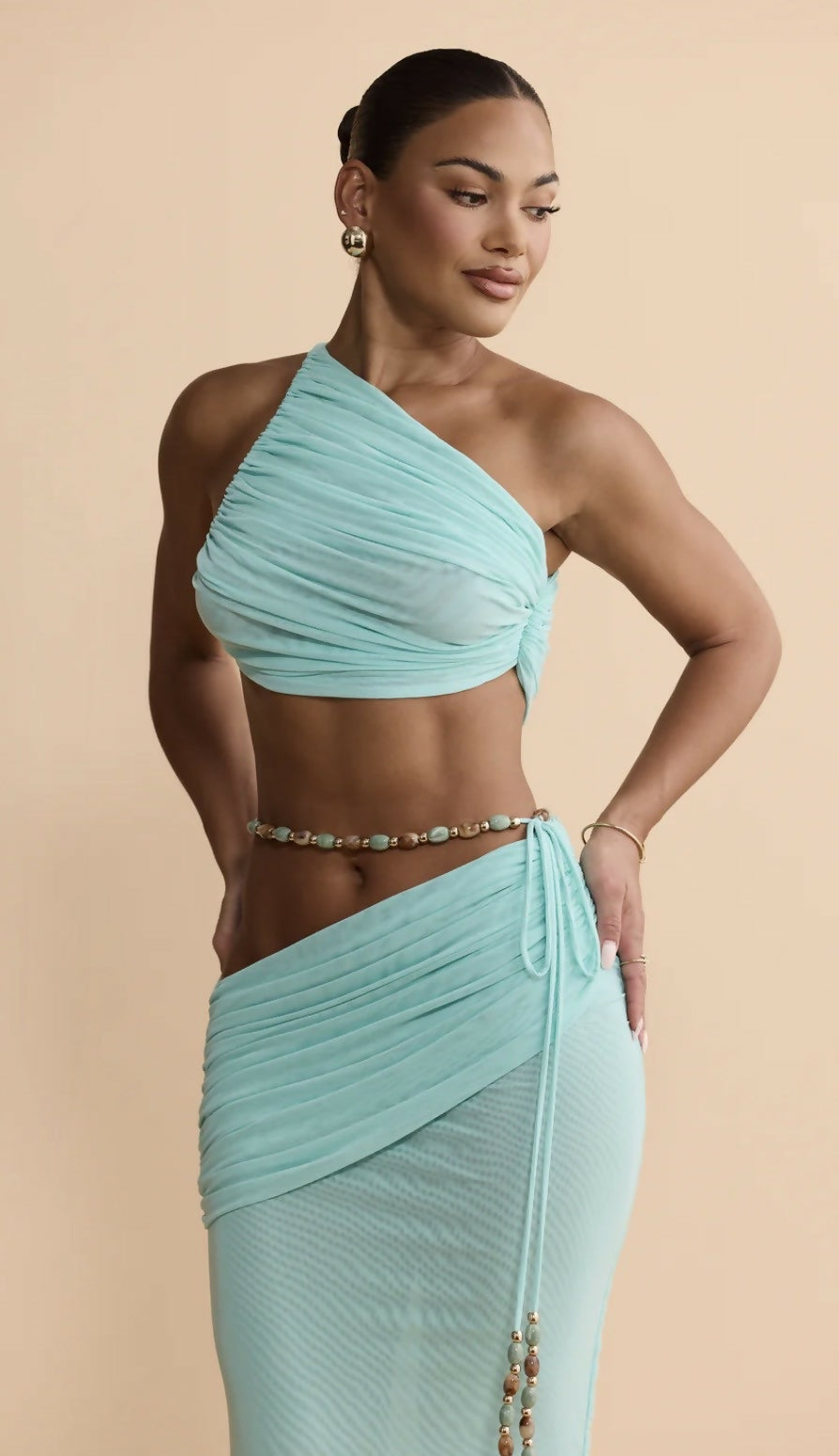 Aliah Co-ord Set in mint wrap crop top and maxi skirt with beaded details — Endless | Endless UAE