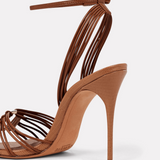 Brown leather strappy high heel sandal with ankle tie detail and stiletto heel — Alexandre Birman | Endless UAE