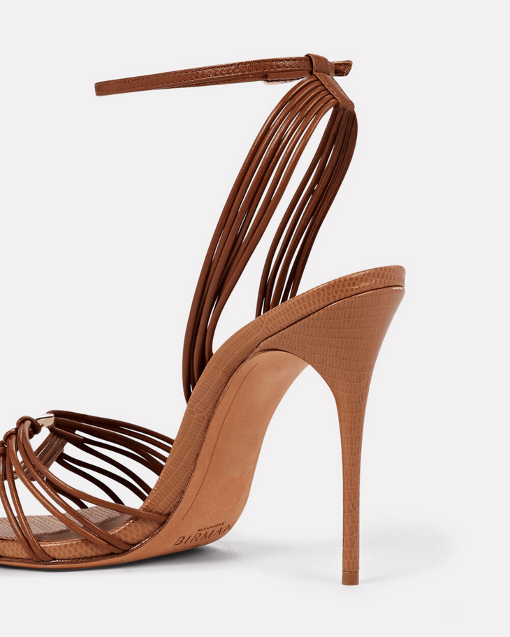 Brown leather strappy high heel sandal with ankle tie detail and stiletto heel — Alexandre Birman | Endless UAE