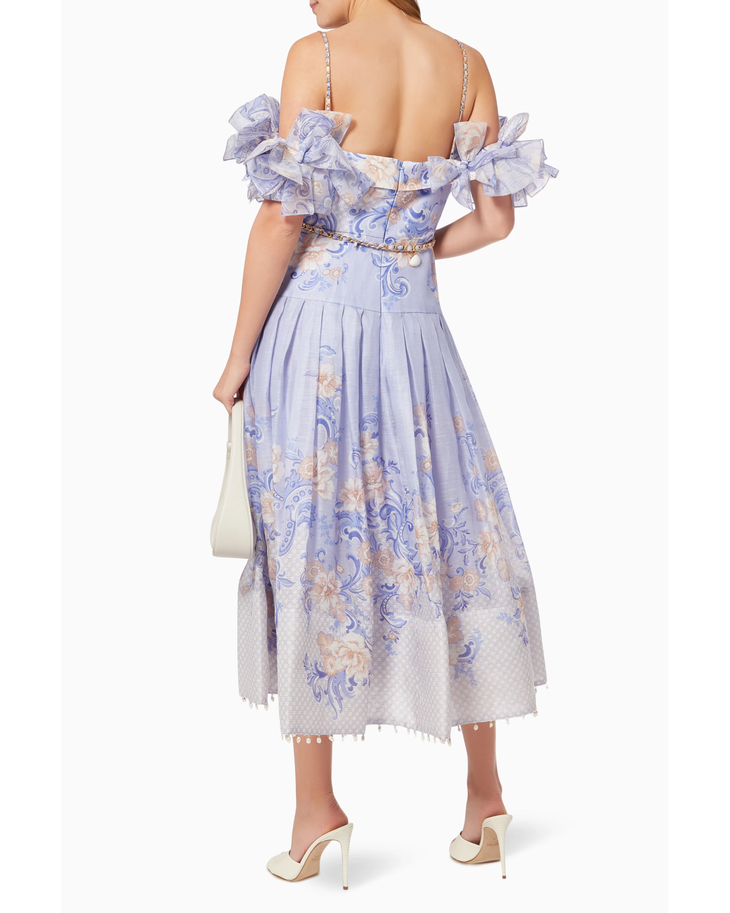 Postcard Bow Bodice Dress in lavender floral print with cold-shoulder design — Zimmermann | Endless UAE