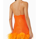Orange sequined mini dress with feather hem trim and thin straps — Leslie Amon | Endless UAE
