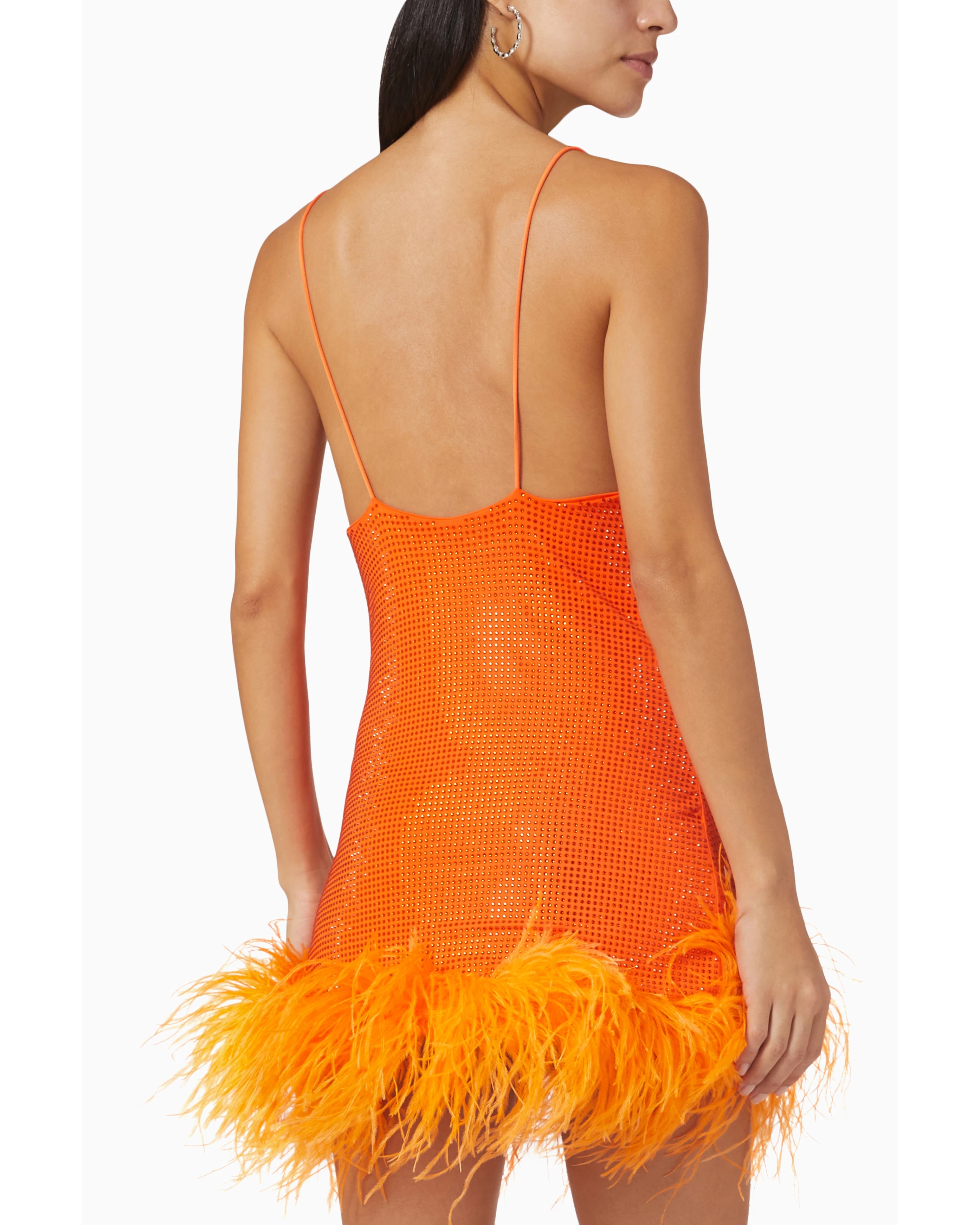 Orange sequined mini dress with feather hem trim and thin straps — Leslie Amon | Endless UAE