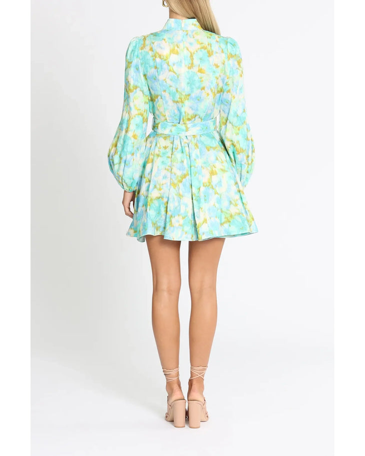 High Tide Button Mini Dress in aqua floral print with puff sleeves and woven belt — Zimmermann | Endless UAE