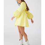Yellow puffy sleeve mini dress with ruched neckline — For Love & Lemons | Endless UAE