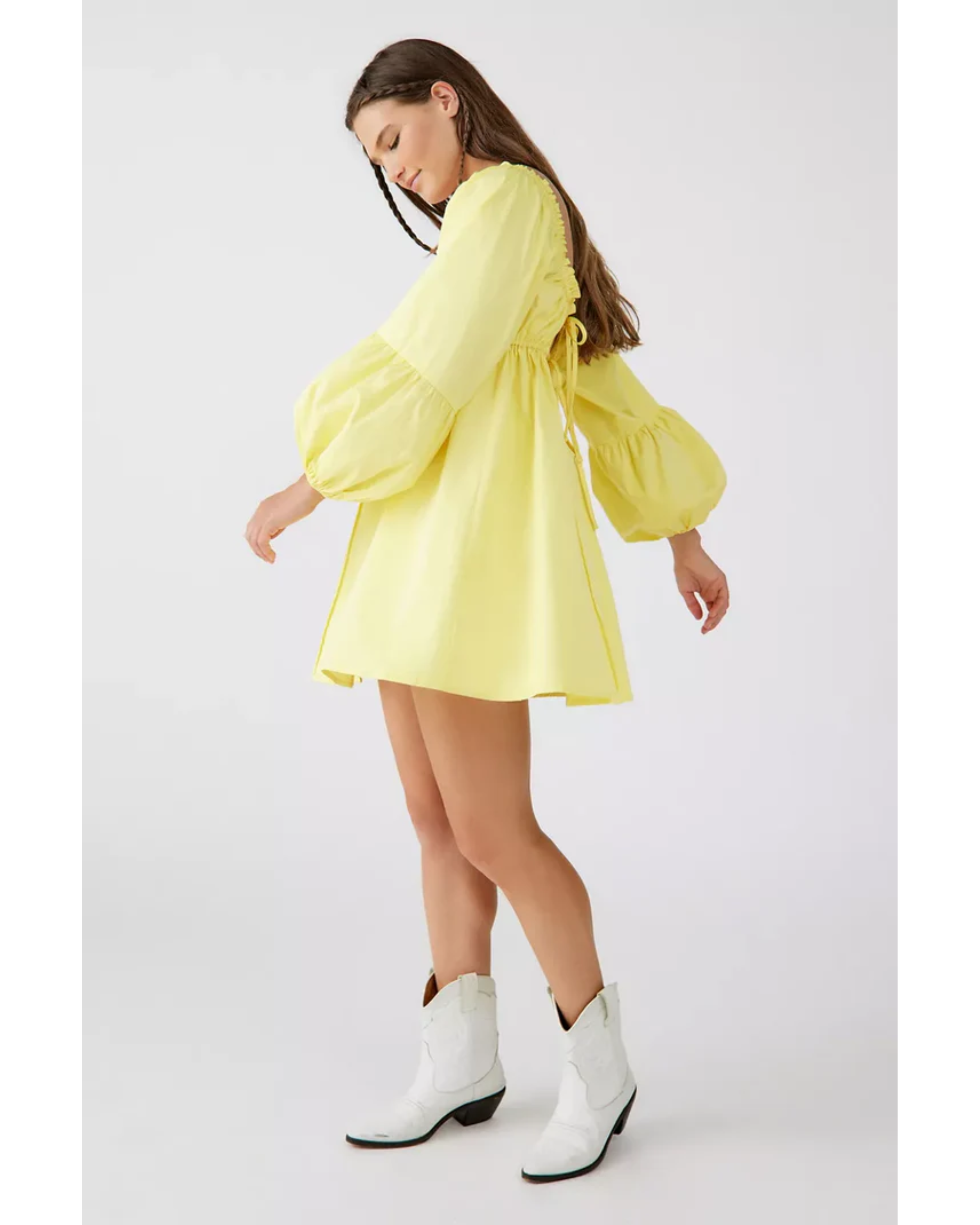 Yellow puffy sleeve mini dress with ruched neckline — For Love & Lemons | Endless UAE