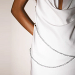 Woman wearing white halter mini dress with purple diamante chain detail — Meshki | Endless UAE