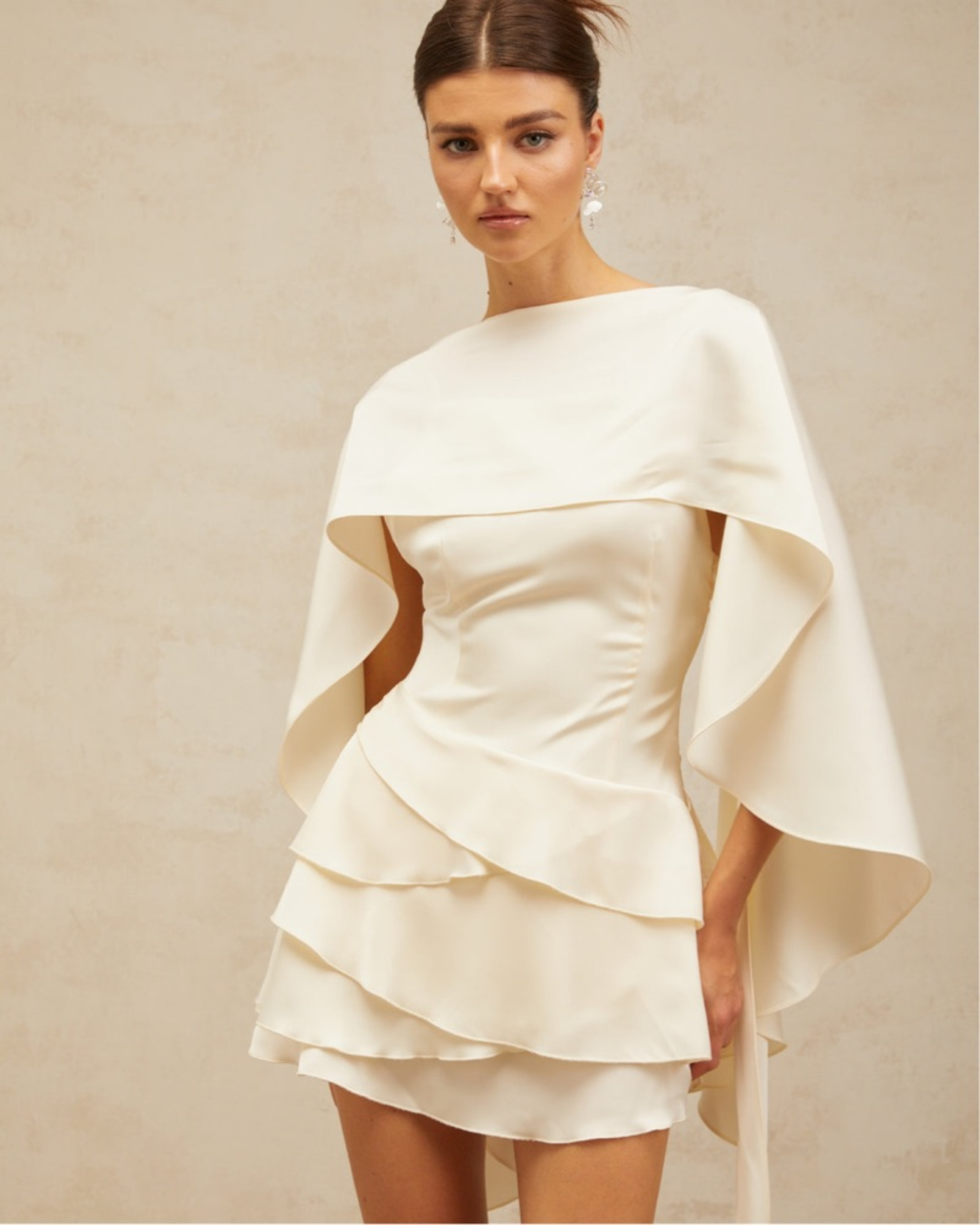 Lyna White Satin Dress with draped cape overlay and tiered skirt — Miss Rosier | Endless UAE